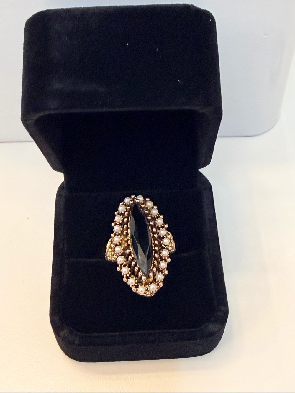 Antique Gold-Tone Black Marquise Pearl-Style Statement Ring,Adjustable Band Size